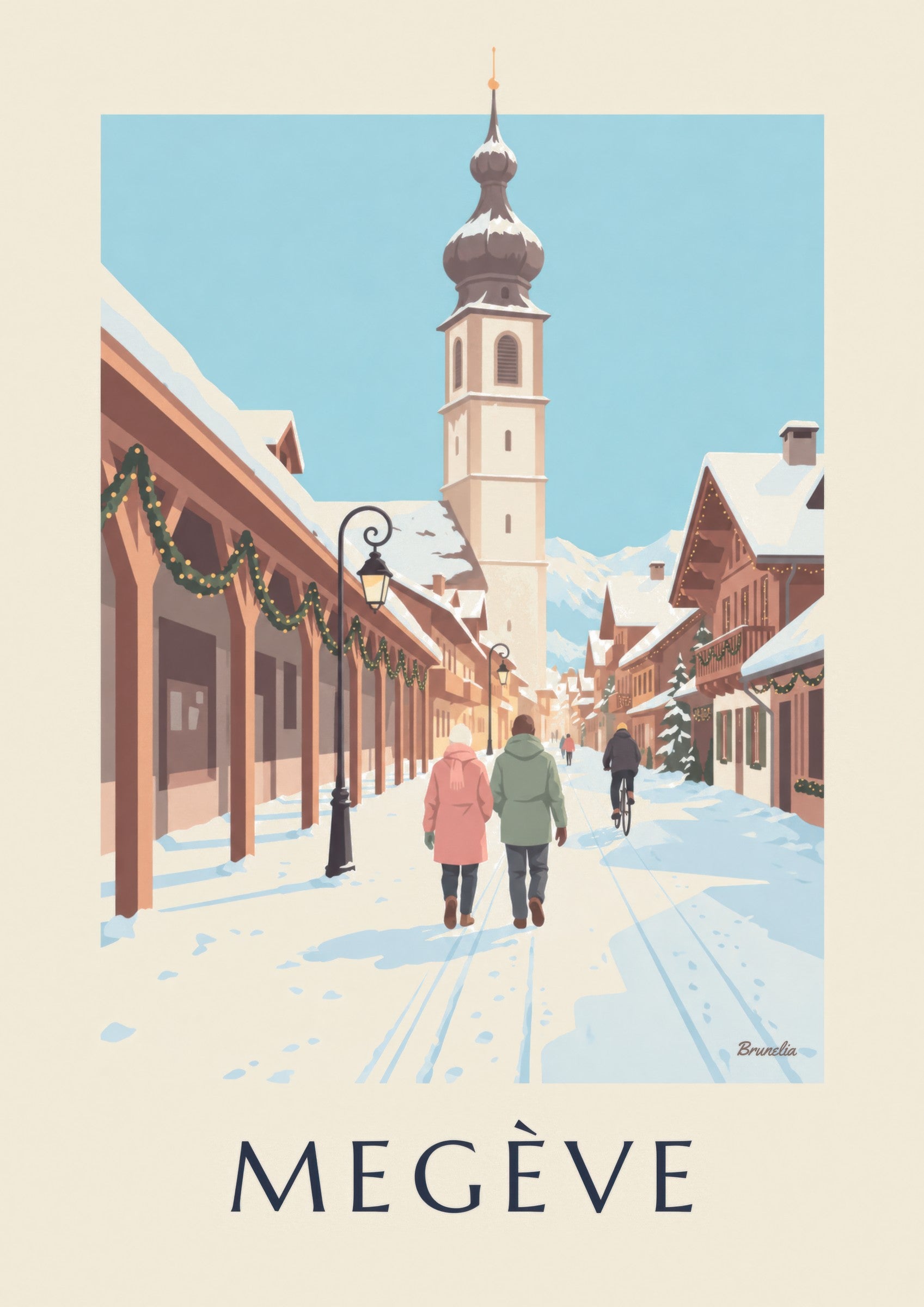Affiche Megève, rue piétonne et clocher: zbliżenie szczegółu