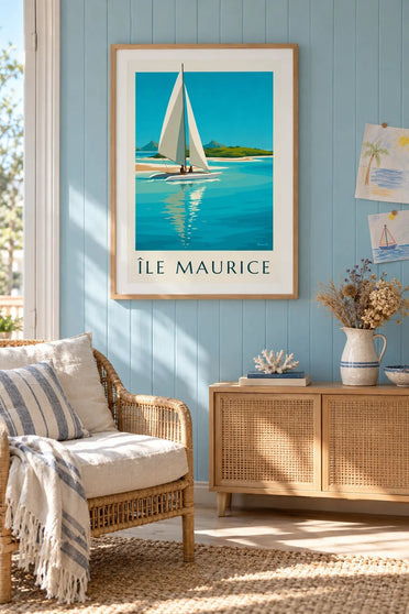 Plakat Île aux Cerfs i turkusowej laguny (tytuł ÎLE MAURICE) : w ramie na ścianie