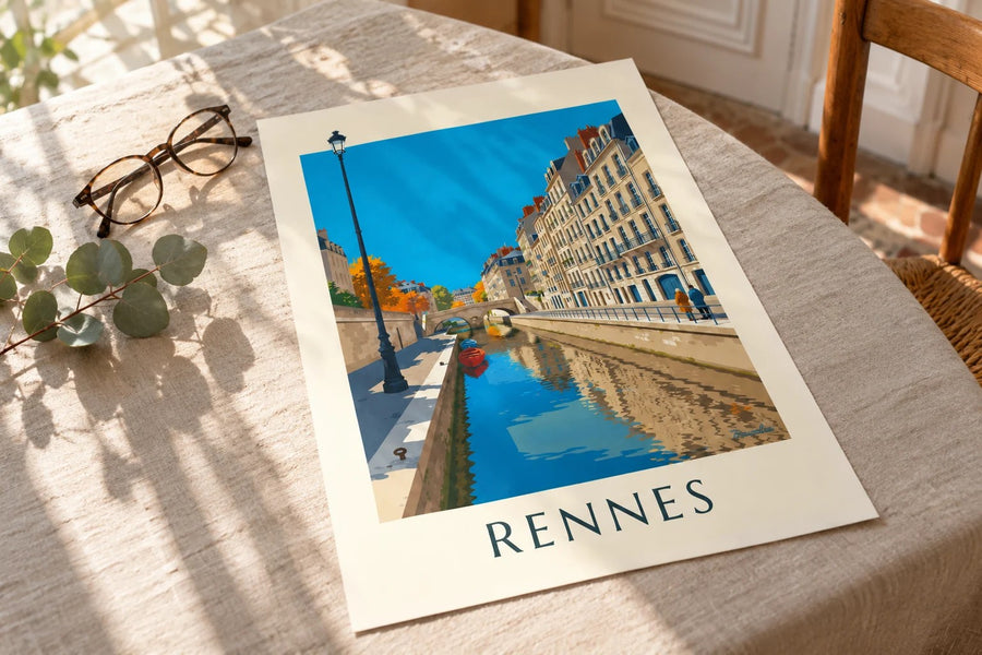 Affiche Rennes la Vilaine et le quai Émile-Zola : posée sur une table