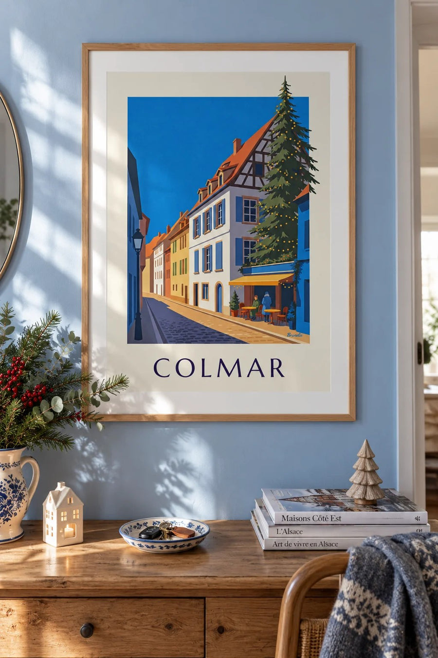 Plakat rozświetlonego świątecznego Colmar, dzielnica Poissonnerie : w ramie na ścianie