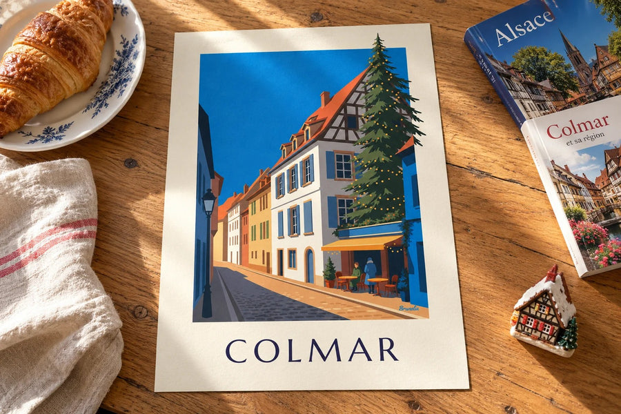 Plakat rozświetlonego świątecznego Colmar, dzielnica Poissonnerie : na stole