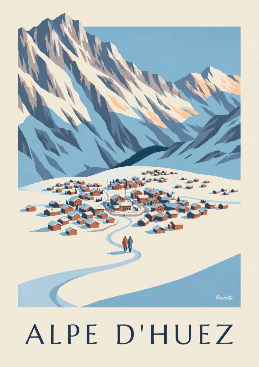 Plakat Alpe d'Huez widzianego z Pic Blanc zimą
