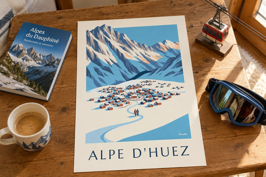 Plakat Alpe d'Huez widzianego z Pic Blanc zimą : na stole