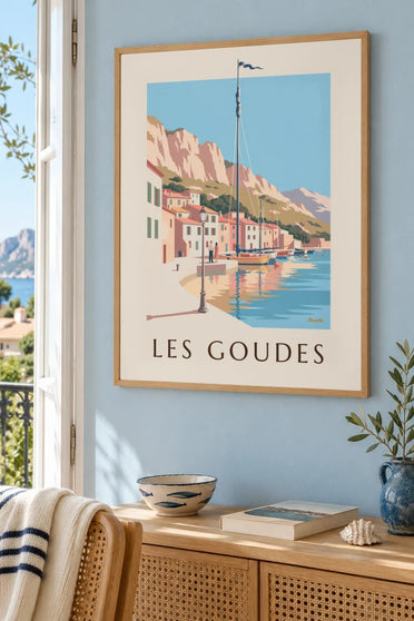 Plakat portu Les Goudes o zachodzie słońca : w ramie na ścianie