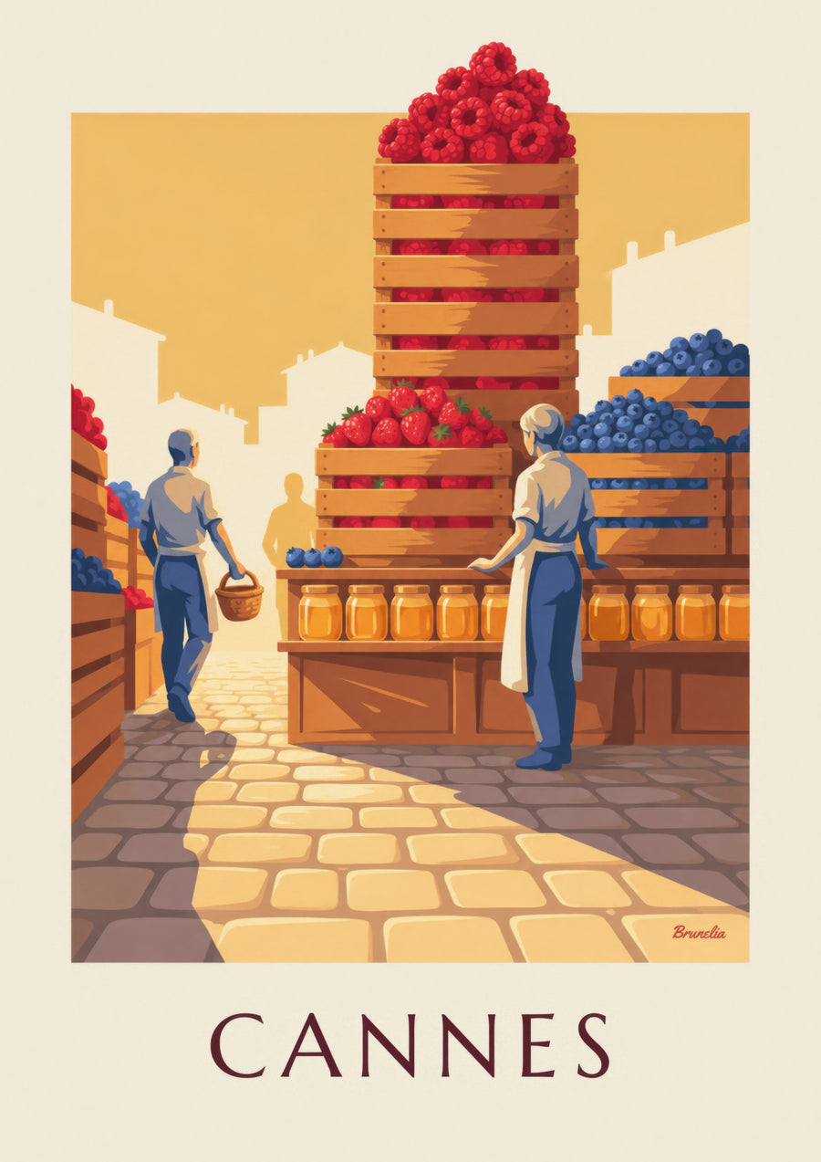 Plakat targu Forville w Cannes, czerwone owoce