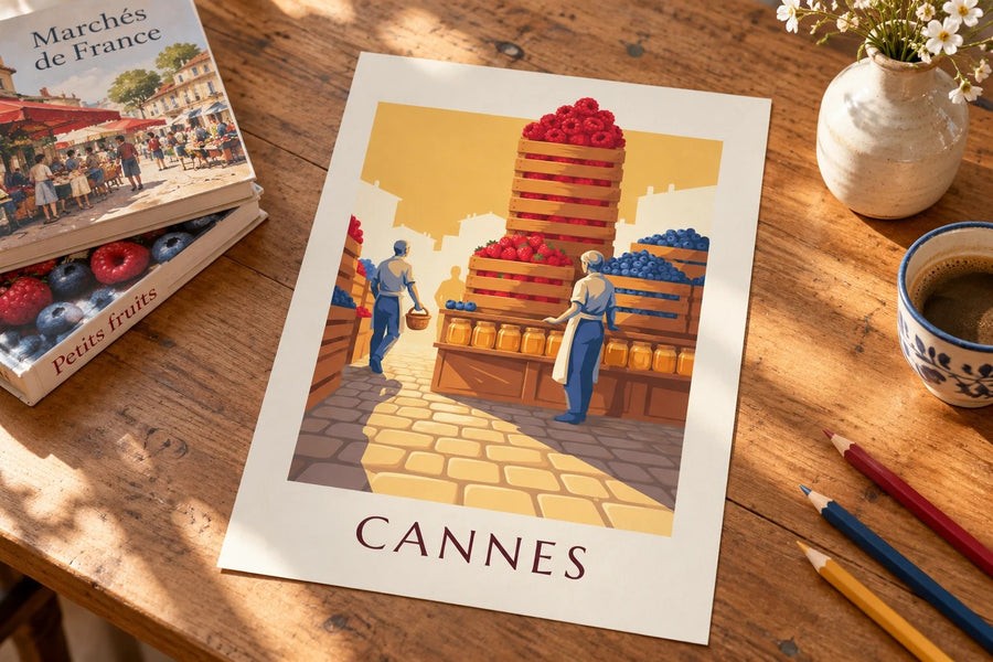 Plakat targu Forville w Cannes, czerwone owoce : na stole