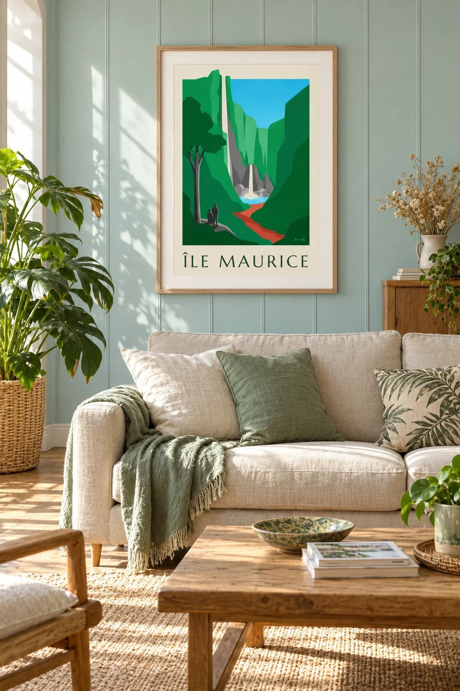 Plakat Mauritiusa, wodospad Chamarel (tytuł ÎLE MAURICE) : w ramie na ścianie
