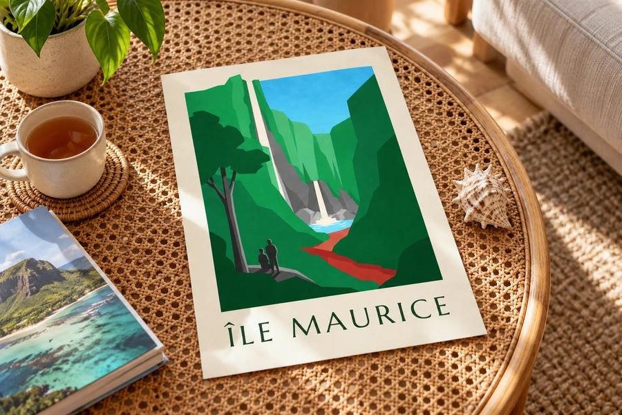 Plakat Mauritiusa, wodospad Chamarel (tytuł ÎLE MAURICE) : na stole