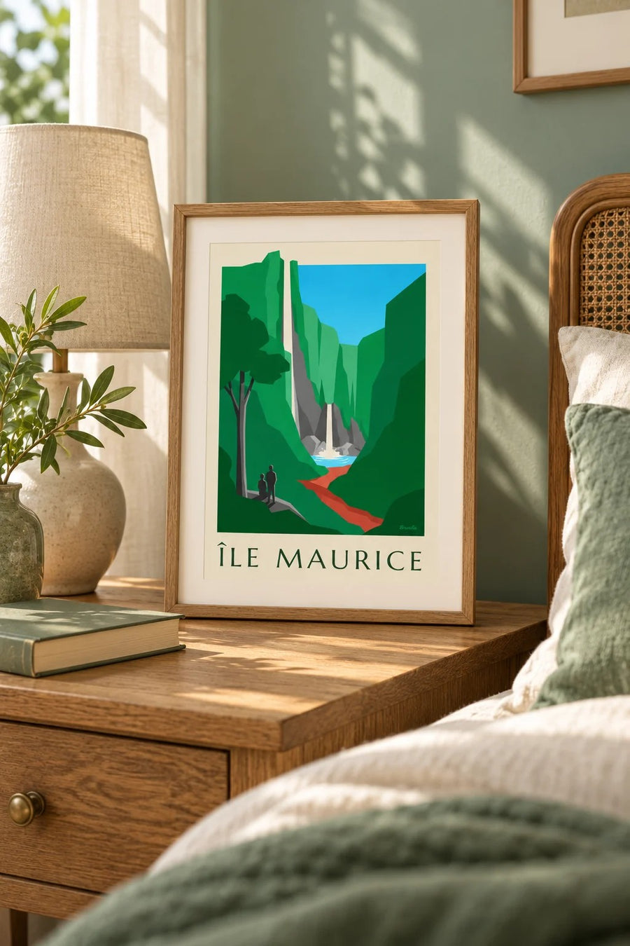 Plakat Mauritiusa, wodospad Chamarel (tytuł ÎLE MAURICE) : mały format A4 w ramie