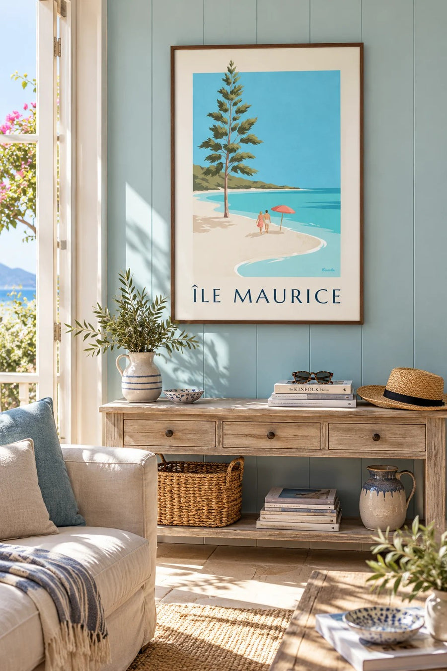 Plakat Mauritius, plaża Blue Bay (tytuł ÎLE MAURICE) : w ramie na ścianie