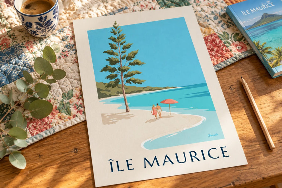 Plakat Mauritius, plaża Blue Bay (tytuł ÎLE MAURICE) : na stole