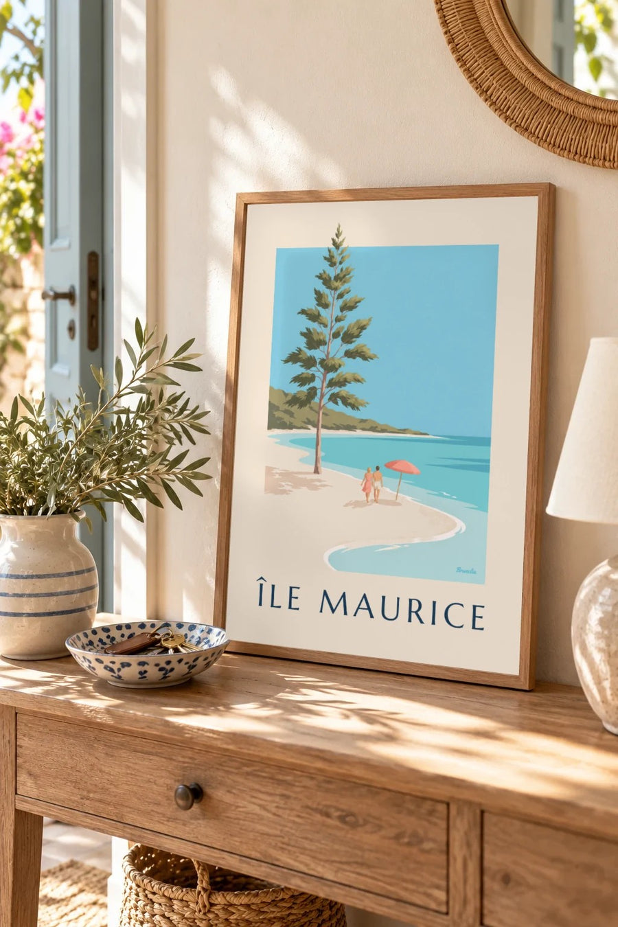 Plakat Mauritius, plaża Blue Bay (tytuł ÎLE MAURICE) : mały format A4 w ramie