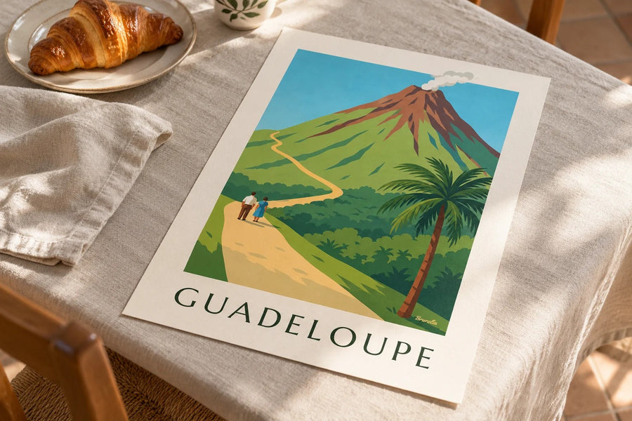 Plakat Gwadelupa, wulkan La Soufrière : na stole