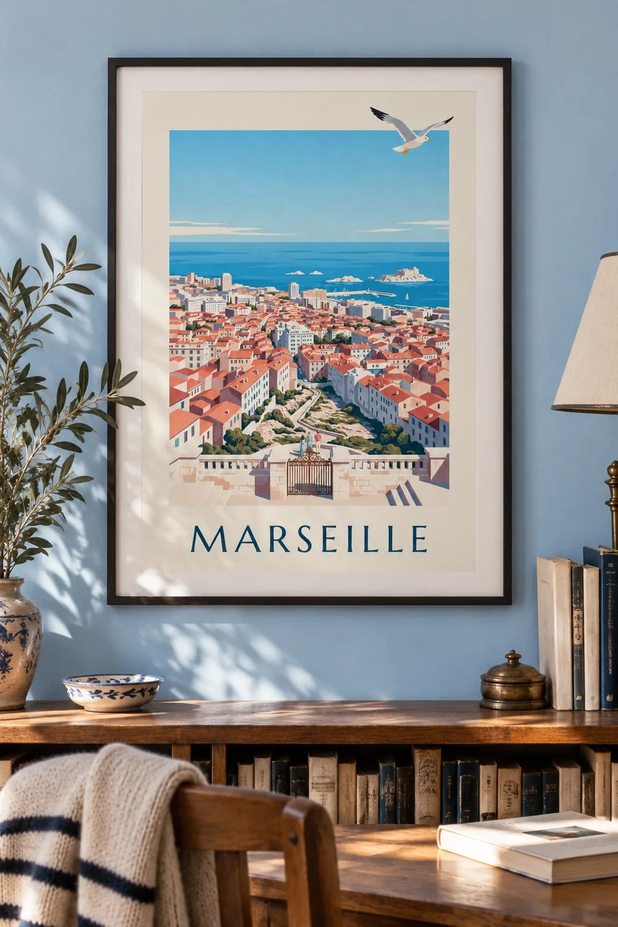 Plakat z widokiem na Marsylię z Notre-Dame-de-la-Garde : w ramie na ścianie