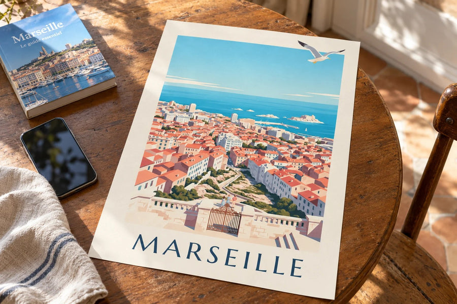 Plakat z widokiem na Marsylię z Notre-Dame-de-la-Garde : na stole
