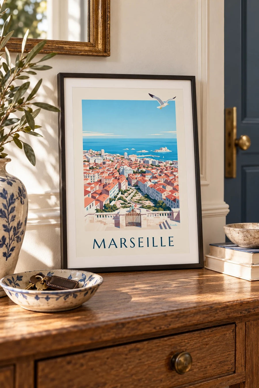 Plakat z widokiem na Marsylię z Notre-Dame-de-la-Garde : mały format A4 w ramie