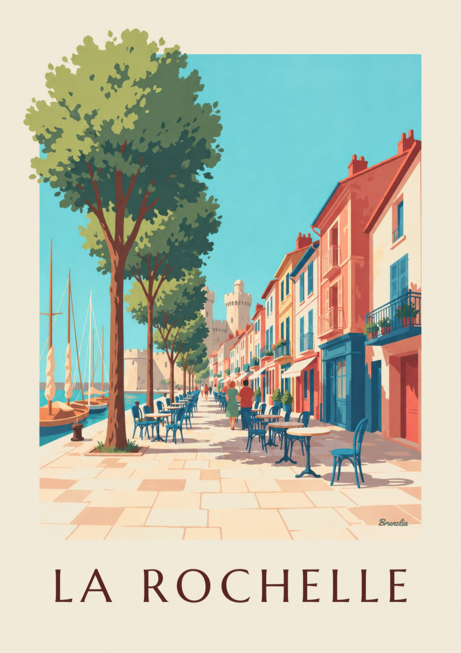 Plakat dzielnicy Gabut w La Rochelle z kolorowymi domami