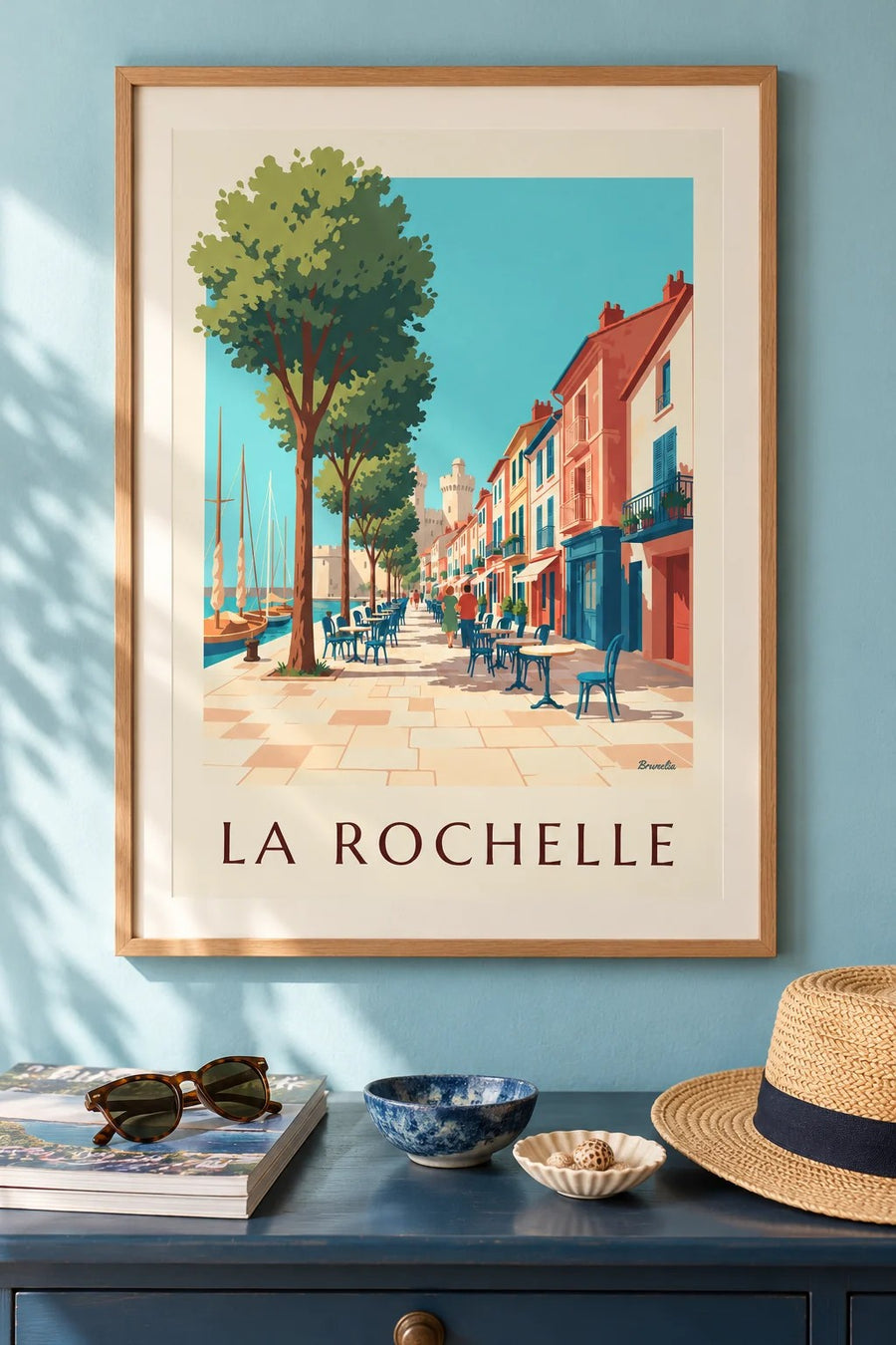 Plakat dzielnicy Gabut w La Rochelle z kolorowymi domami : w ramie na ścianie