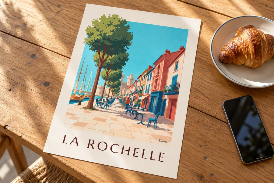 Plakat dzielnicy Gabut w La Rochelle z kolorowymi domami : na stole
