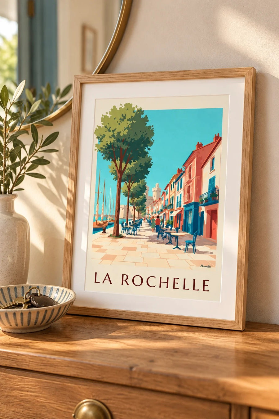 Plakat dzielnicy Gabut w La Rochelle z kolorowymi domami : mały format A4 w ramie