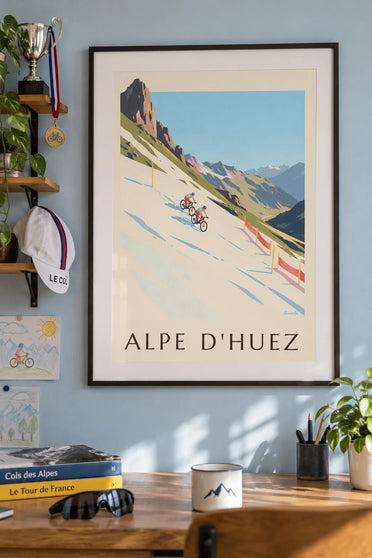Plakat Alpe d'Huez, rowery górskie na śniegu : w ramie na ścianie