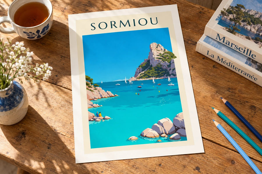 Plakat zatoki Sormiou w Marsylii : na stole