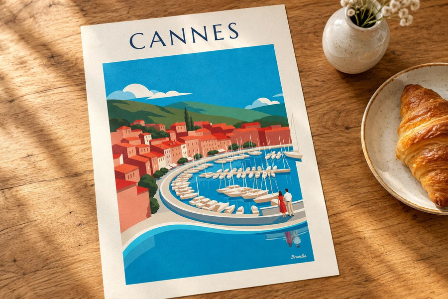 Affiche baie de Cannes vue du Suquet : posée sur une table