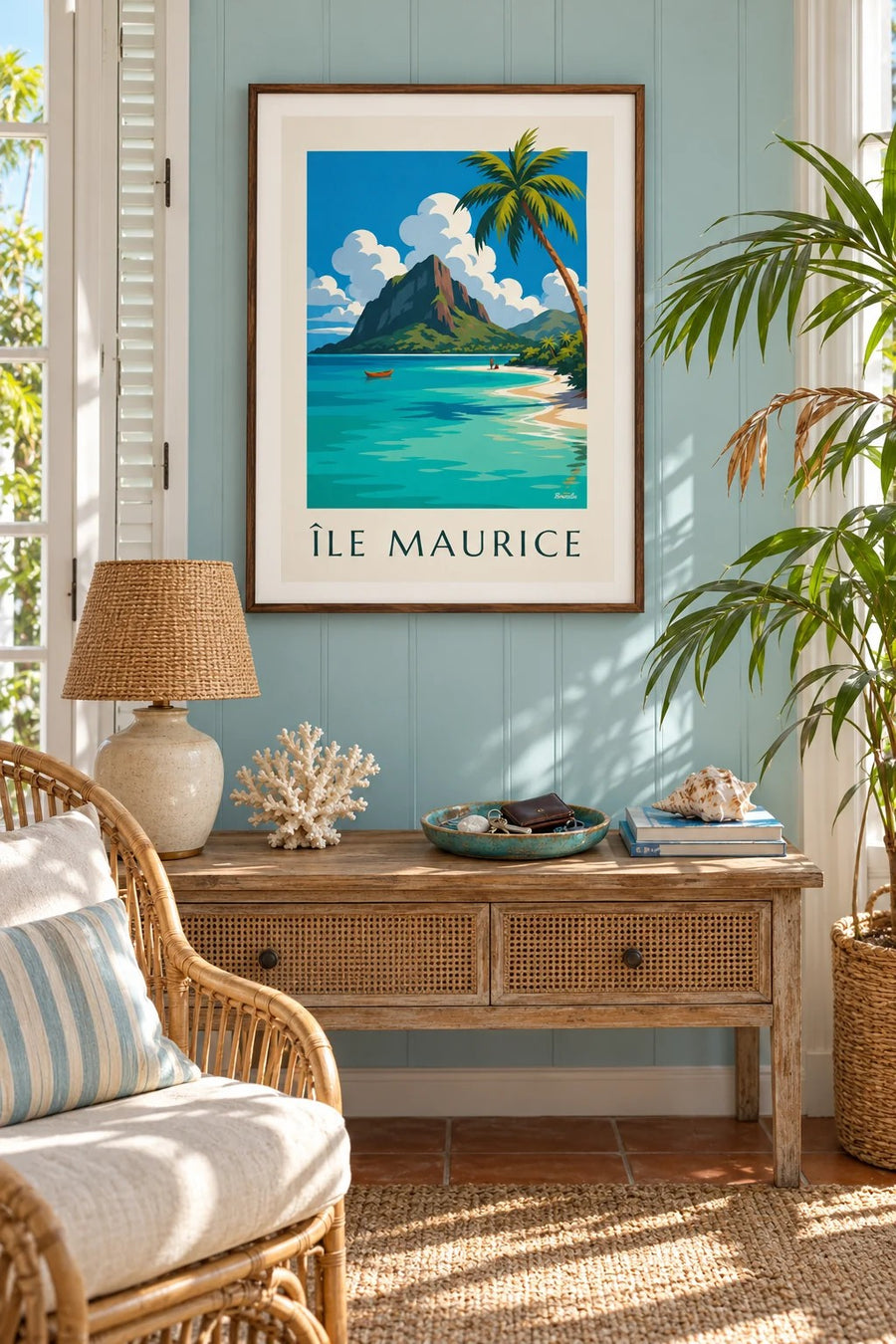 Plakat Morne Brabant i jego laguny (tytuł ÎLE MAURICE) : w ramie na ścianie