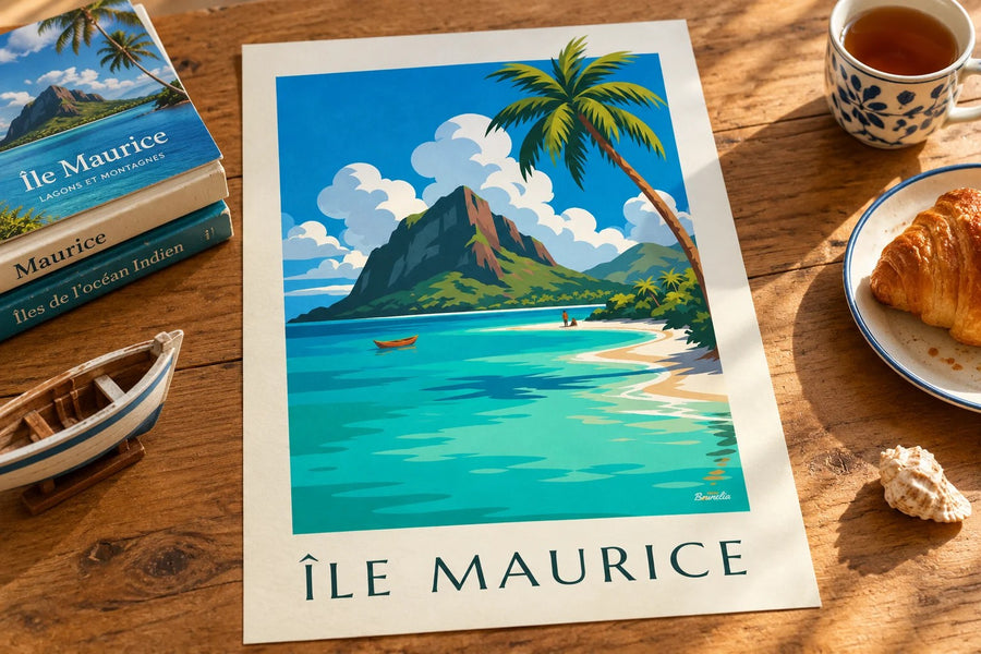 Plakat Morne Brabant i jego laguny (tytuł ÎLE MAURICE) : na stole