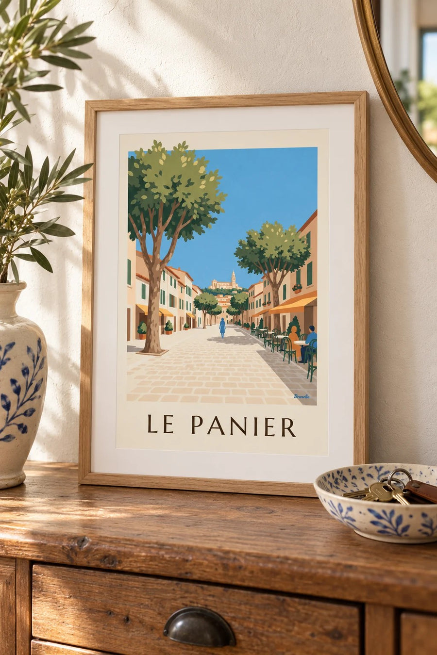 Affiche place de Lenche au Panier, terrasses et platanes : petit format A4 encadré