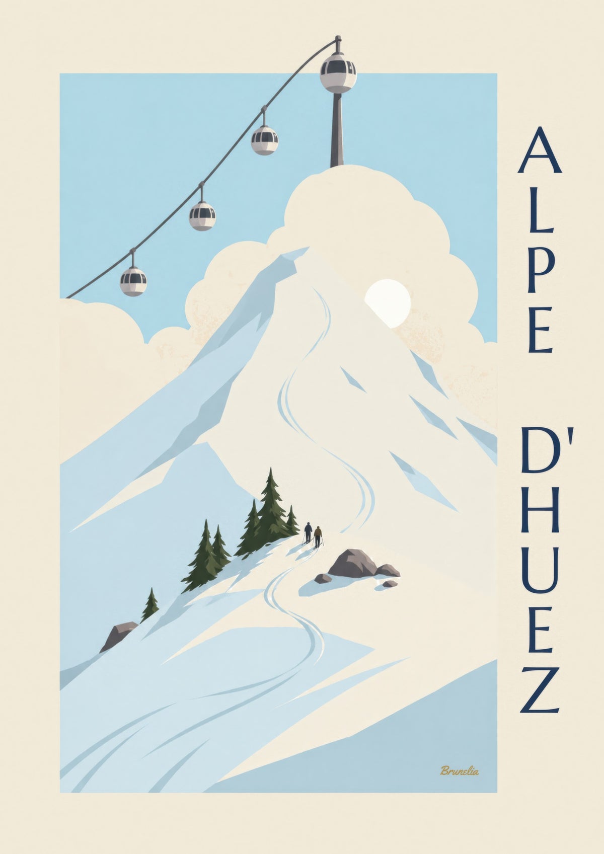 Affiche Alpe d'Huez, cabines œuf au-dessus des pistes