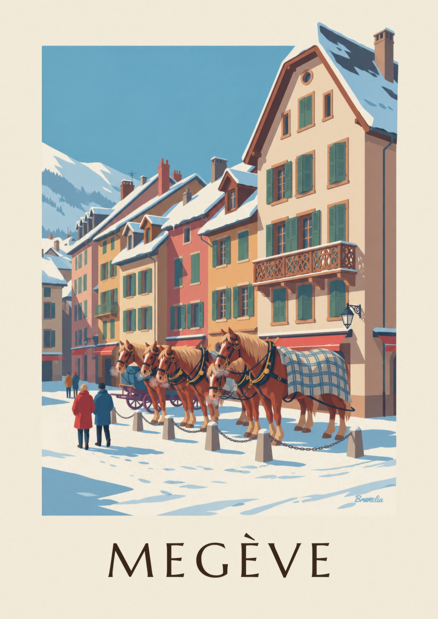 Affiche Megève, chevaux de calèche en hiver: zbliżenie szczegółu