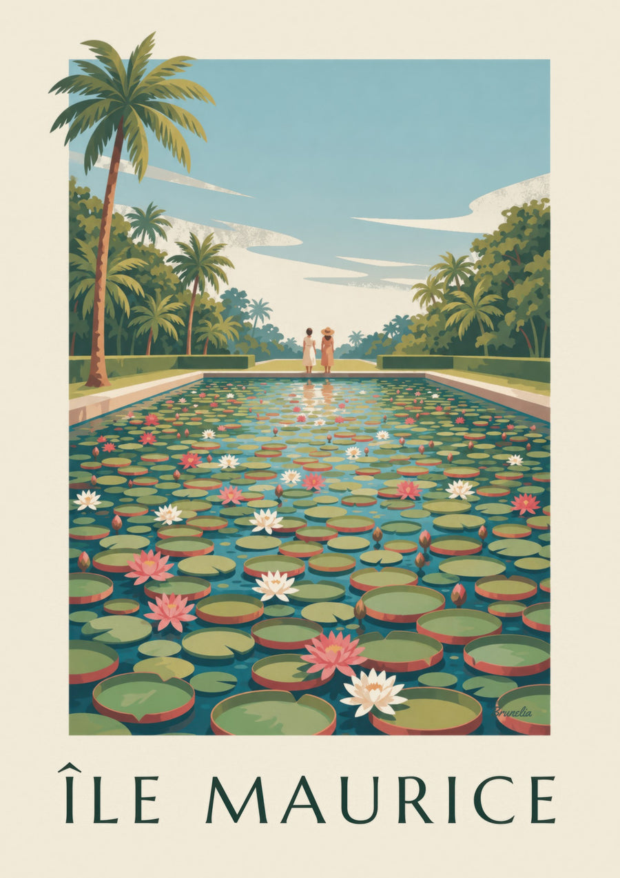 Plakat Mauritius i gigantyczne lilie wodne (tytuł ÎLE MAURICE)