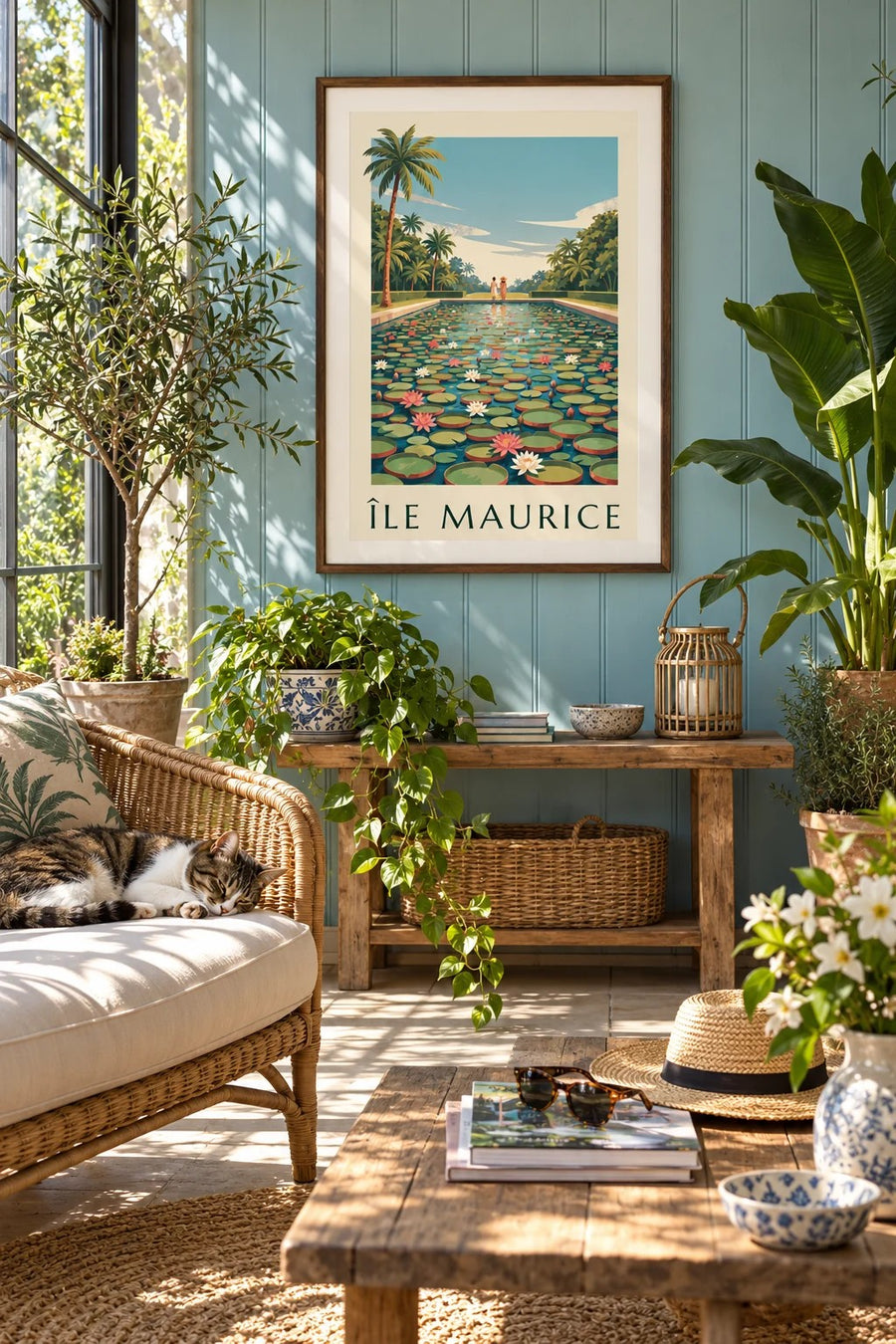 Plakat Mauritius i gigantyczne lilie wodne (tytuł ÎLE MAURICE) : w ramie na ścianie