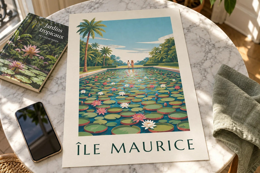 Plakat Mauritius i gigantyczne lilie wodne (tytuł ÎLE MAURICE) : na stole