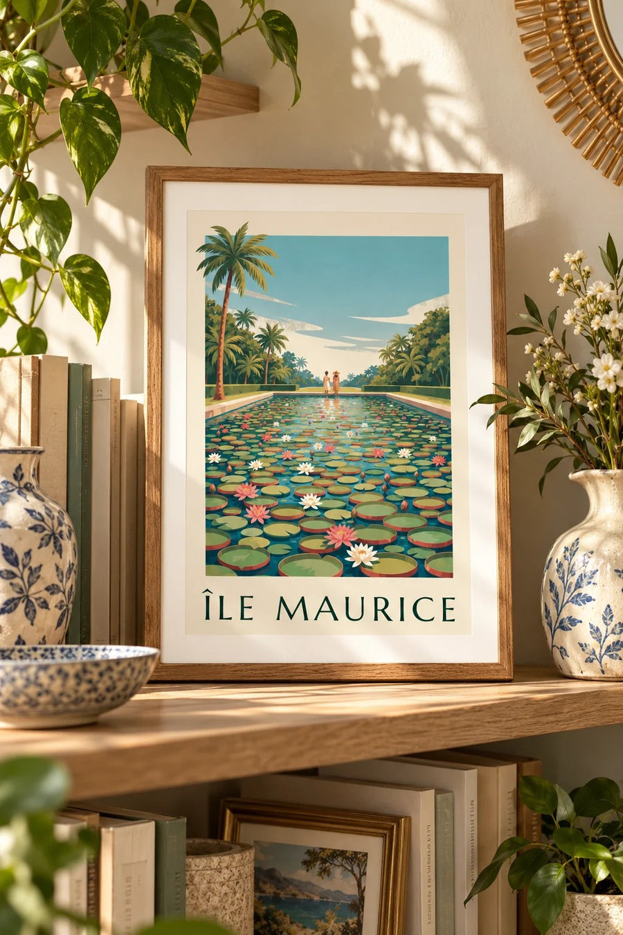Plakat Mauritius i gigantyczne lilie wodne (tytuł ÎLE MAURICE) : mały format A4 w ramie