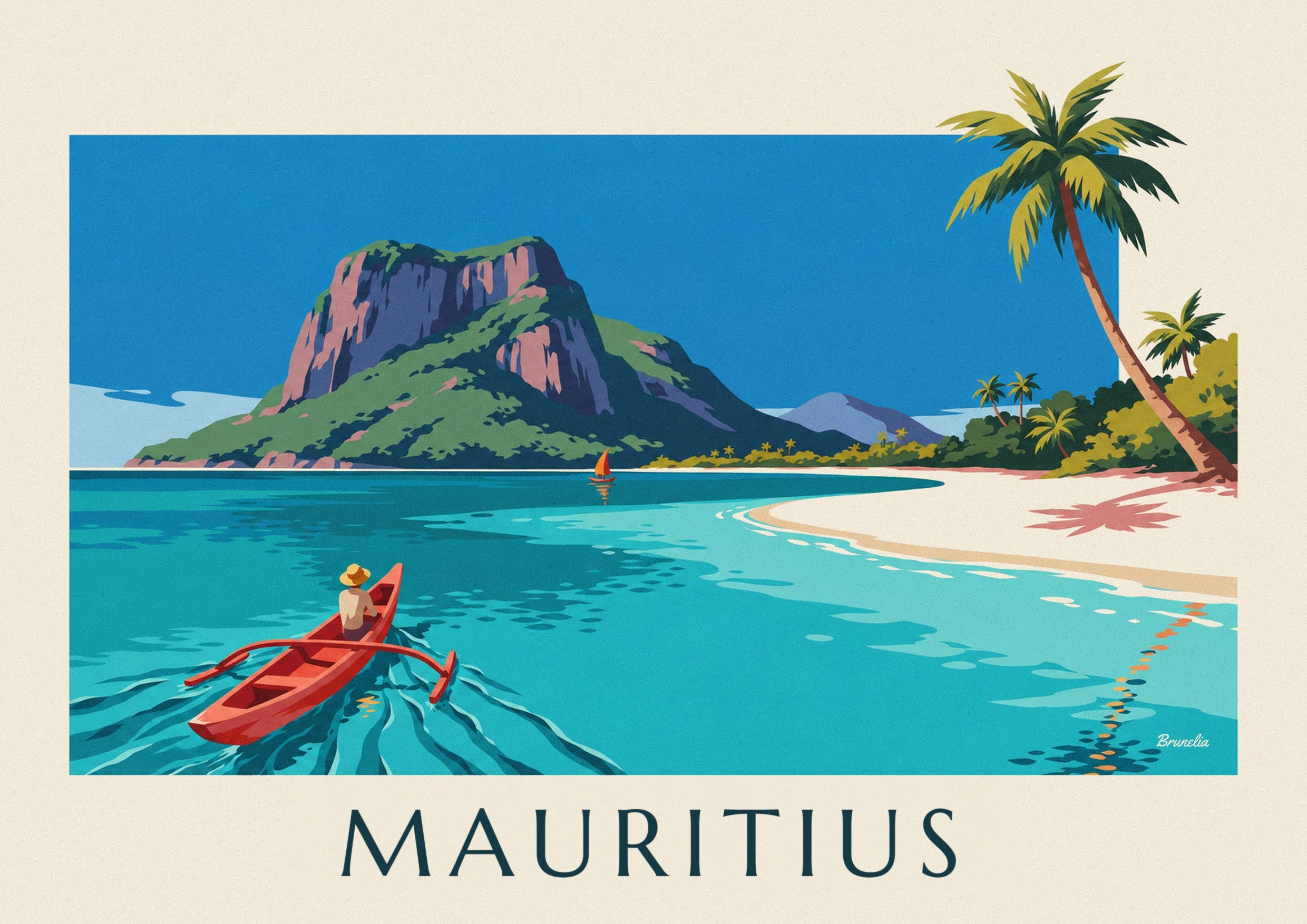 Plakat laguna, palmy kokosowe i Le Morne Brabant na Mauritiusie: zbliżenie szczegółu