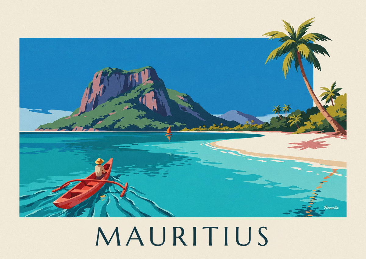 Plakat laguna, palmy kokosowe i Le Morne Brabant na Mauritiusie