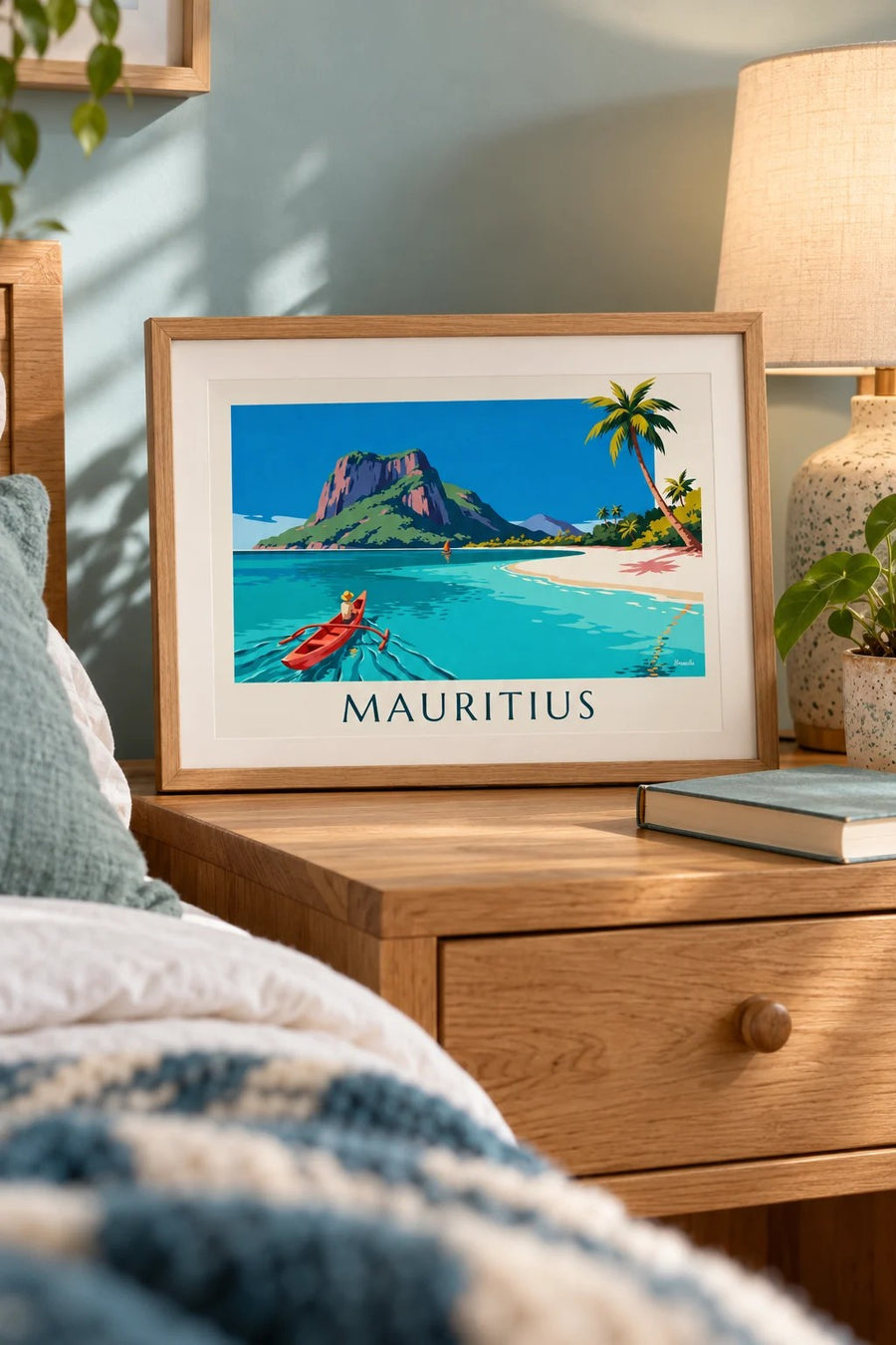 Plakat laguna, palmy kokosowe i Le Morne Brabant na Mauritiusie: mały format A4 w ramce