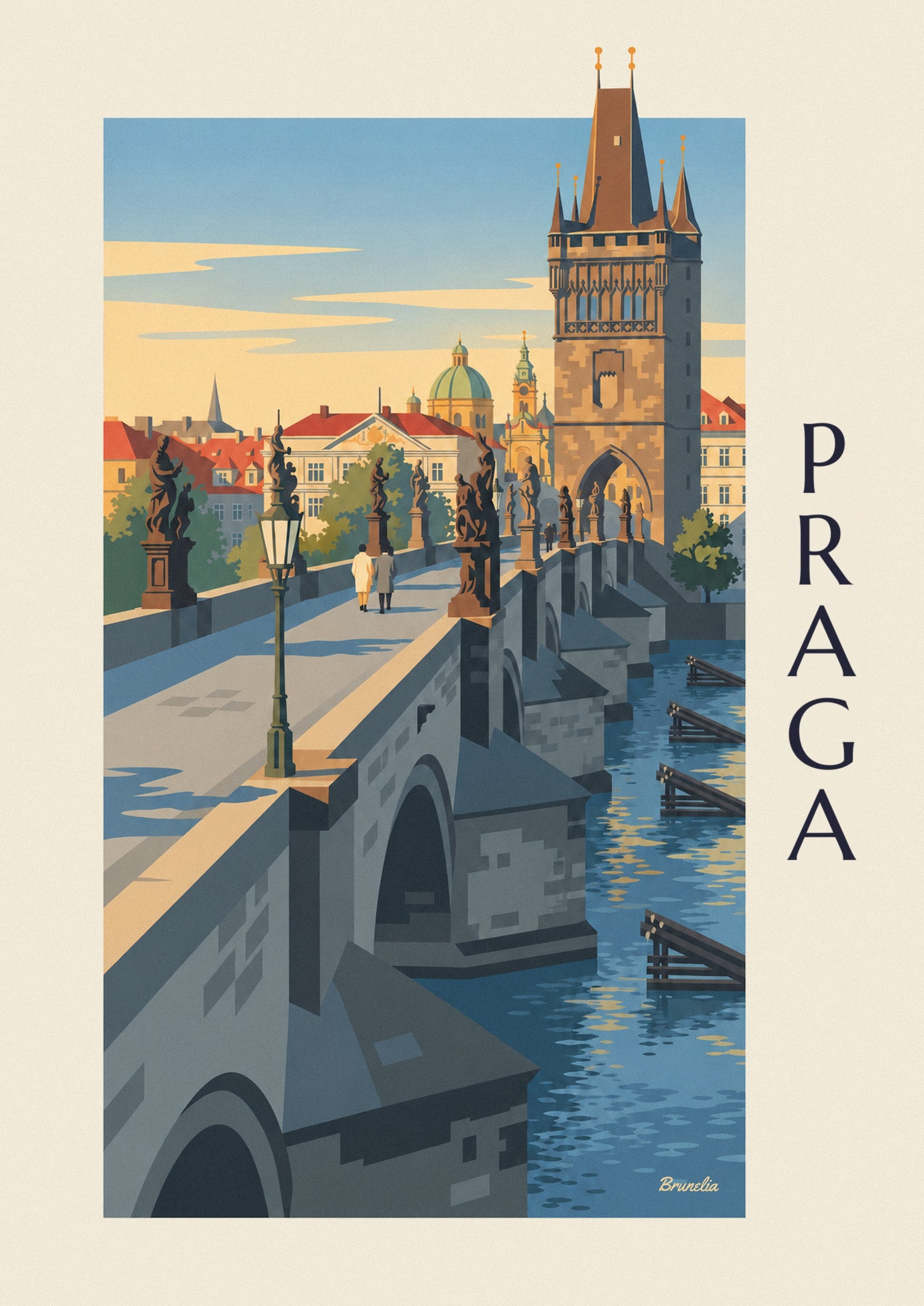 Plakat Praga, Most Karola i gotycka wieża nad Wełtawą: zbliżenie szczegółu