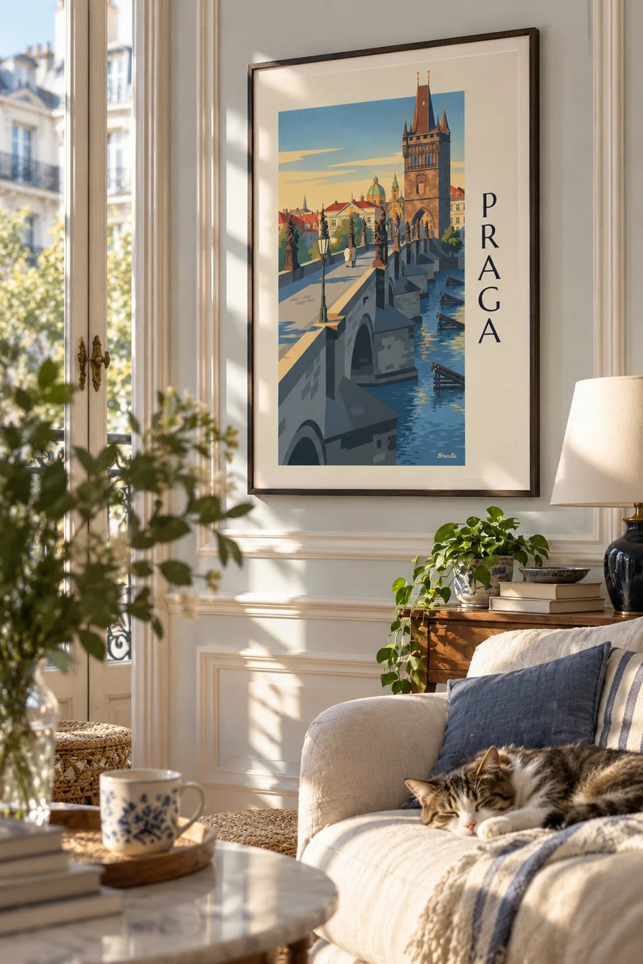 Plakat Praga, Most Karola i gotycka wieża nad Wełtawą: w ramie na ścianie