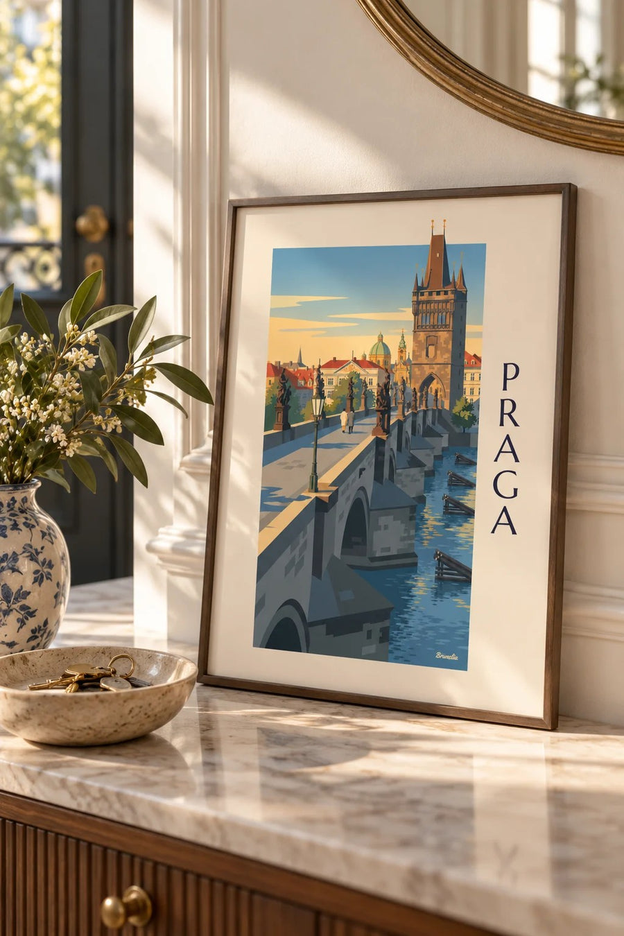 Plakat Praga, Most Karola i gotycka wieża nad Wełtawą: mały format A4 w ramce