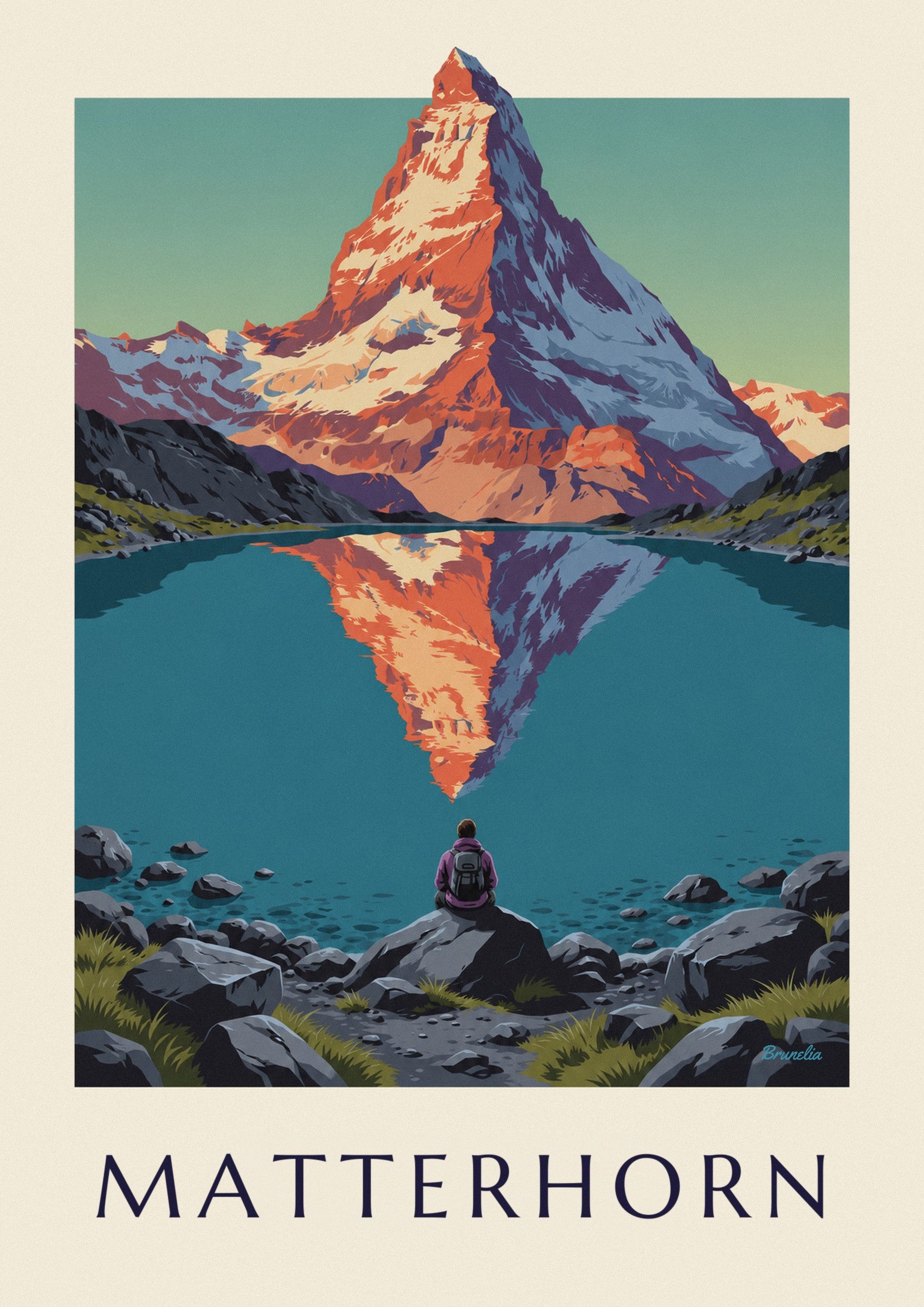 Plakat Matterhorn o zachodzie słońca odbity w alpejskim jeziorze: zbliżenie szczegółu