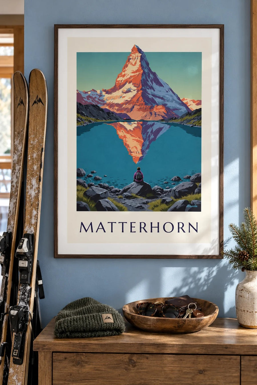 Plakat Matterhorn o zachodzie słońca odbity w alpejskim jeziorze: oprawiony na ścianie