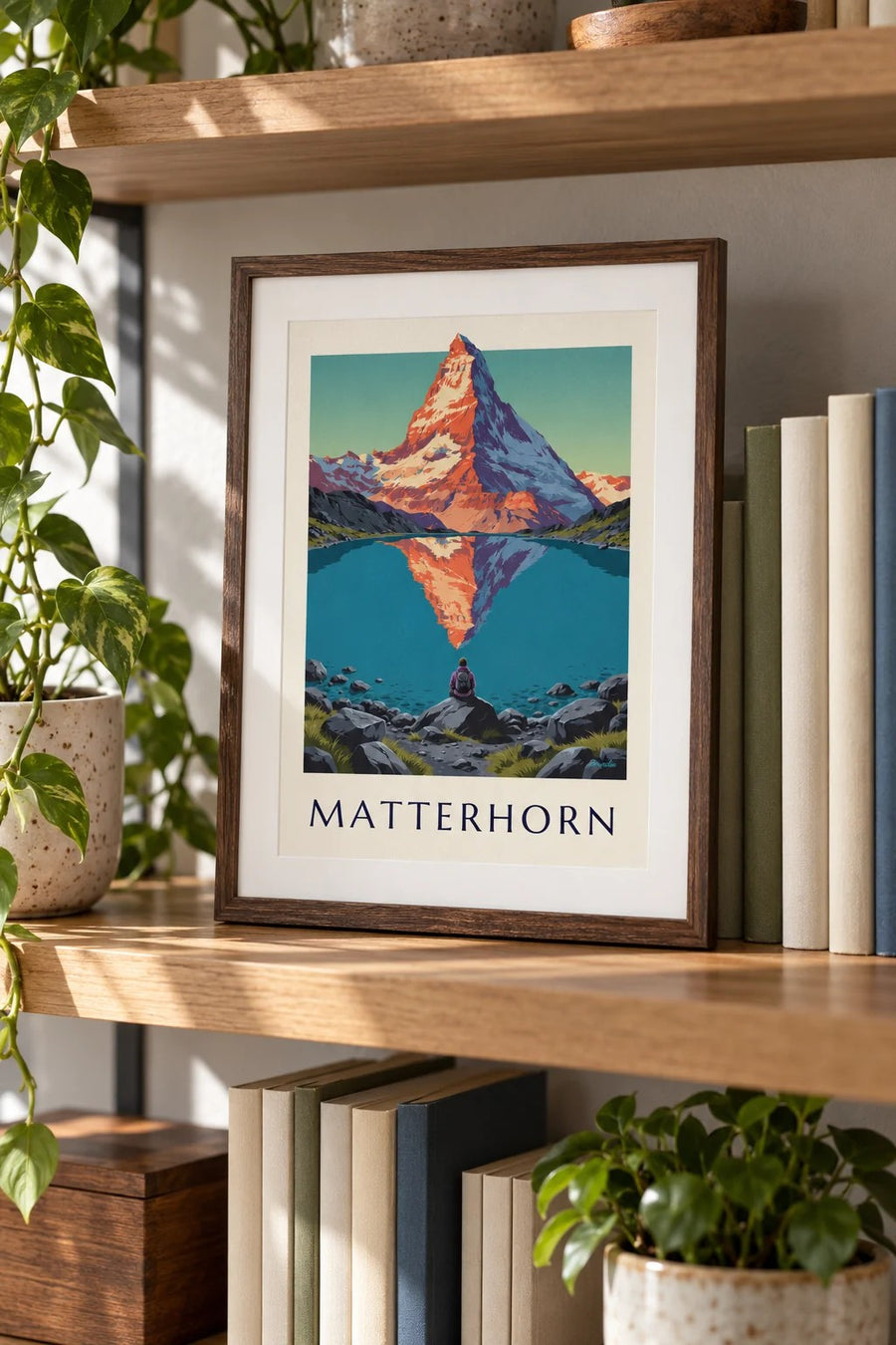 Plakat Matterhorn o zachodzie słońca odbity w alpejskim jeziorze: mały format A4 w ramce