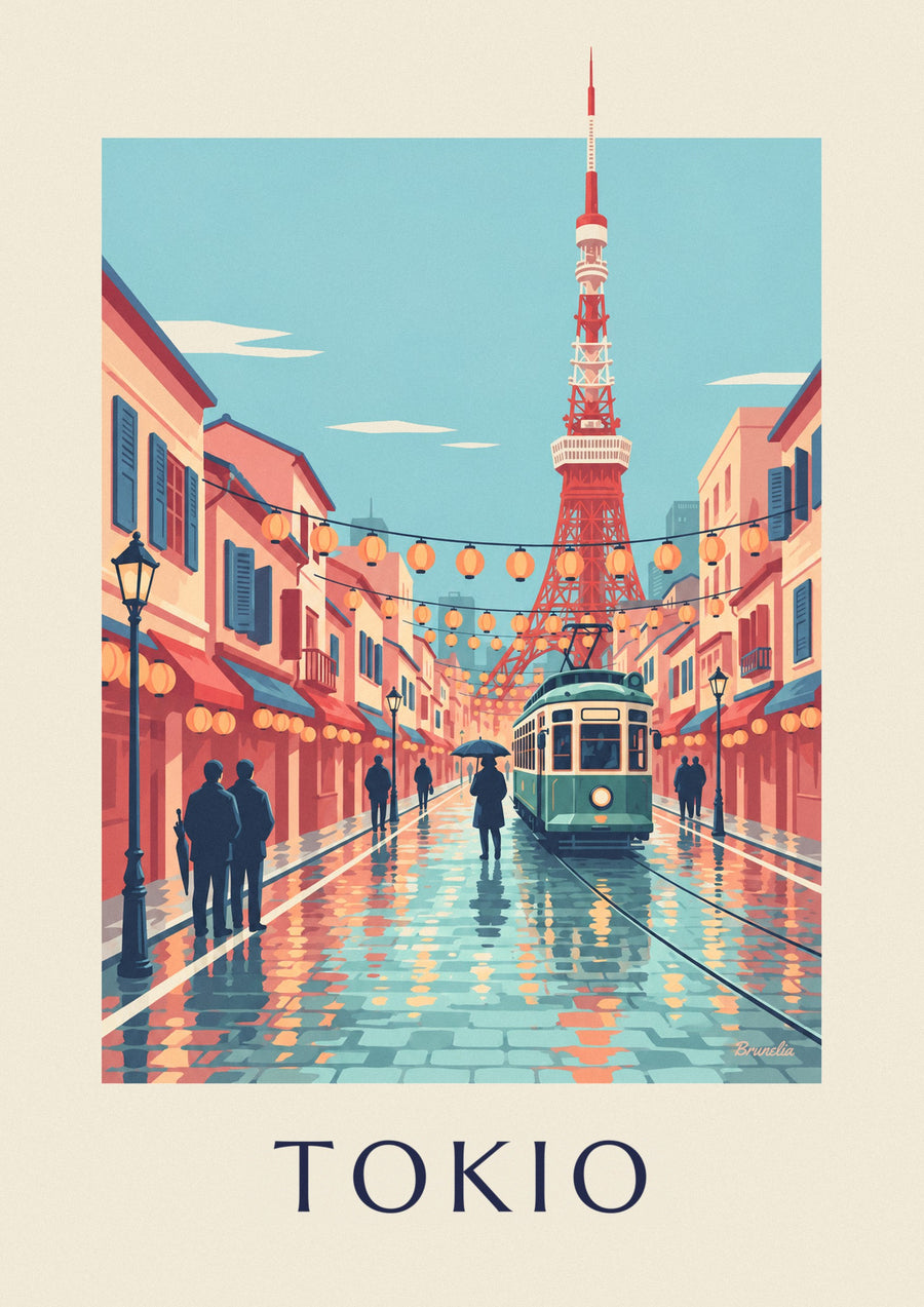 Plakat tramwaj w Tokio i Tokyo Tower o zmierzchu
