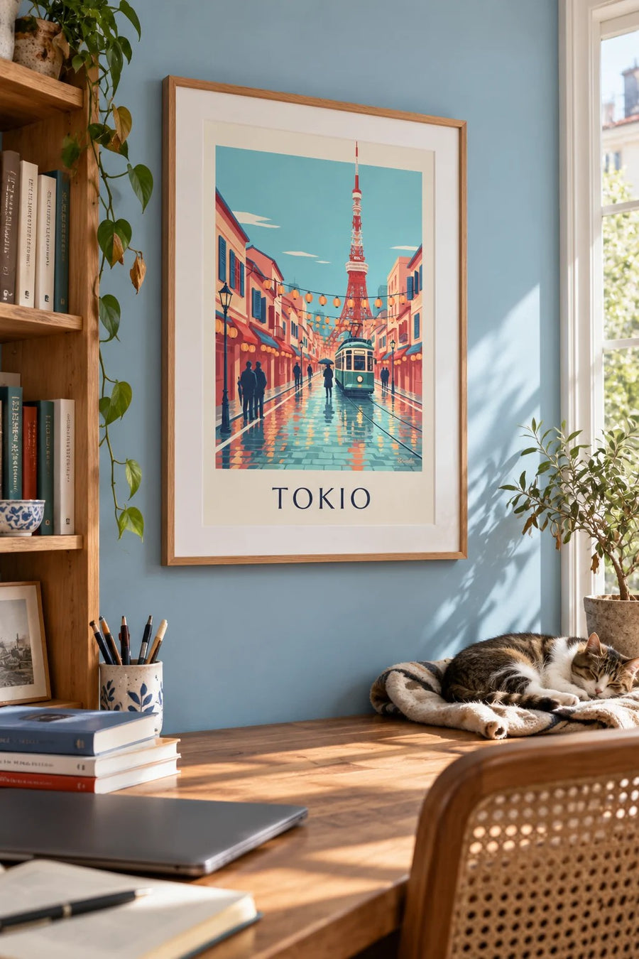 Plakat tramwaj w Tokio i Tokyo Tower o zmierzchu: w ramie na ścianie