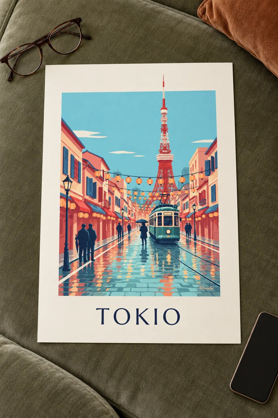 Plakat tramwaj w Tokio i Tokyo Tower o zmierzchu: na stole