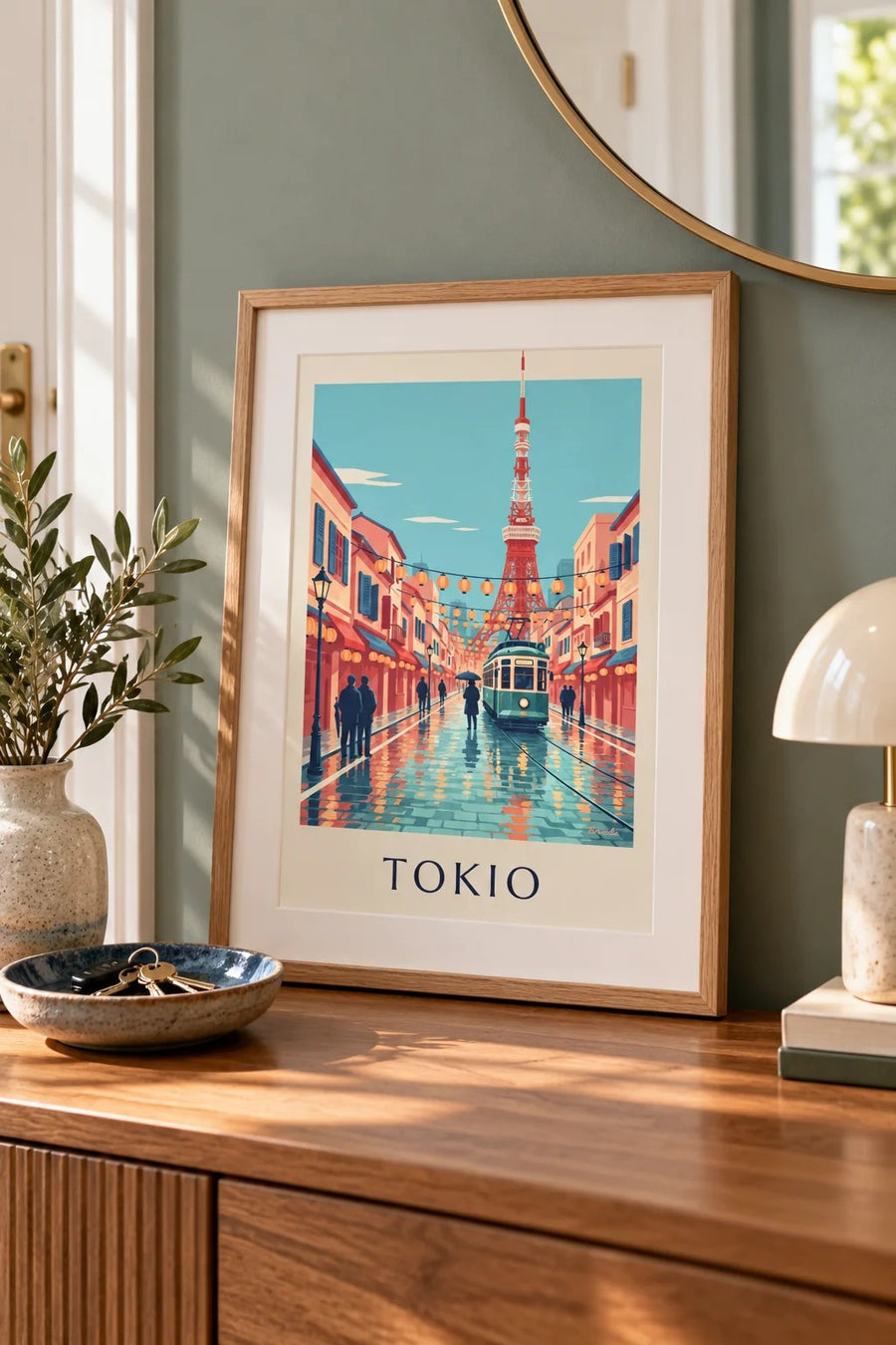 Plakat tramwaj w Tokio i Tokyo Tower o zmierzchu: mały format A4 w ramce