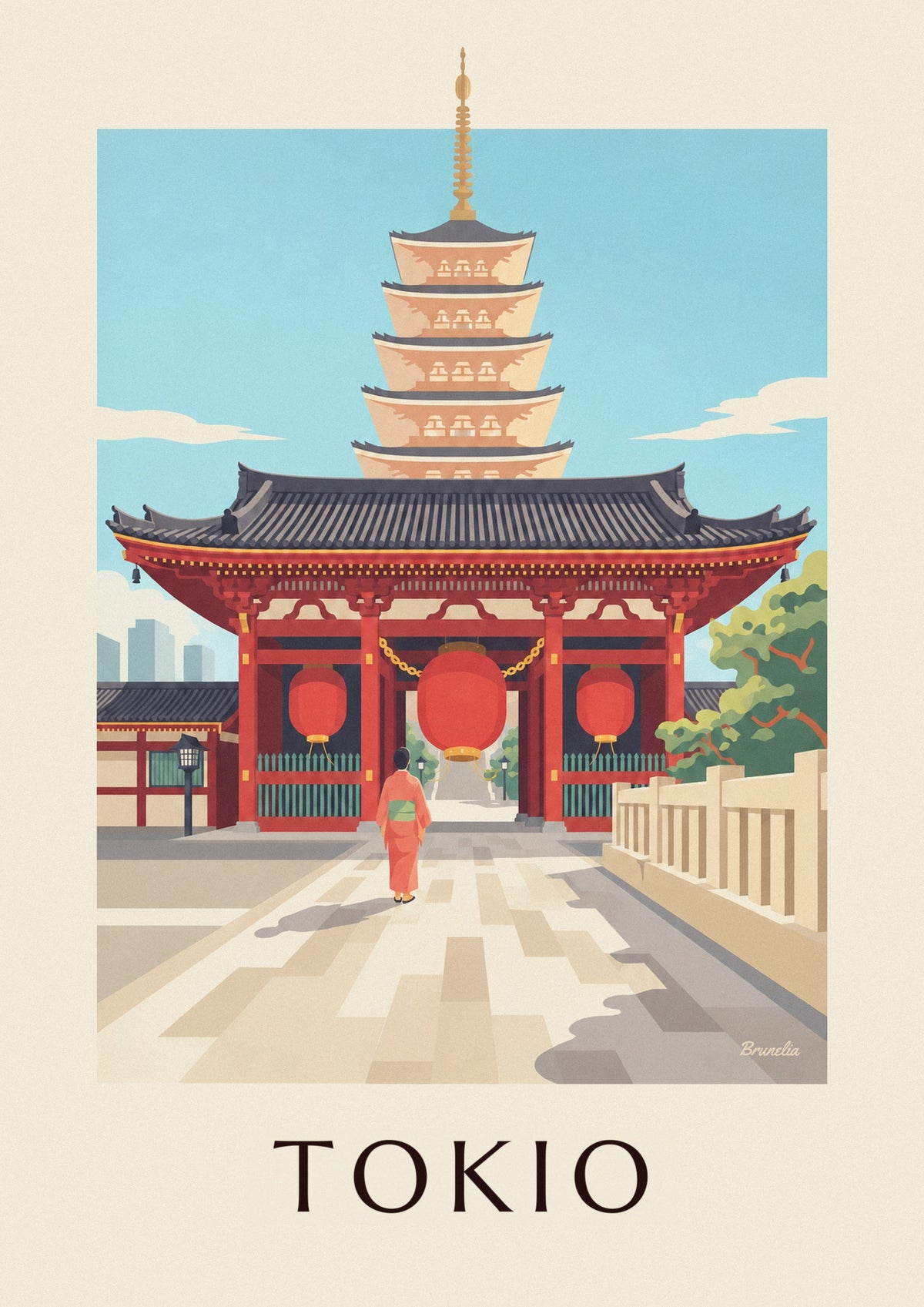Plakat świątynia Senso-ji z wielkim czerwonym lampionem w Tokio
